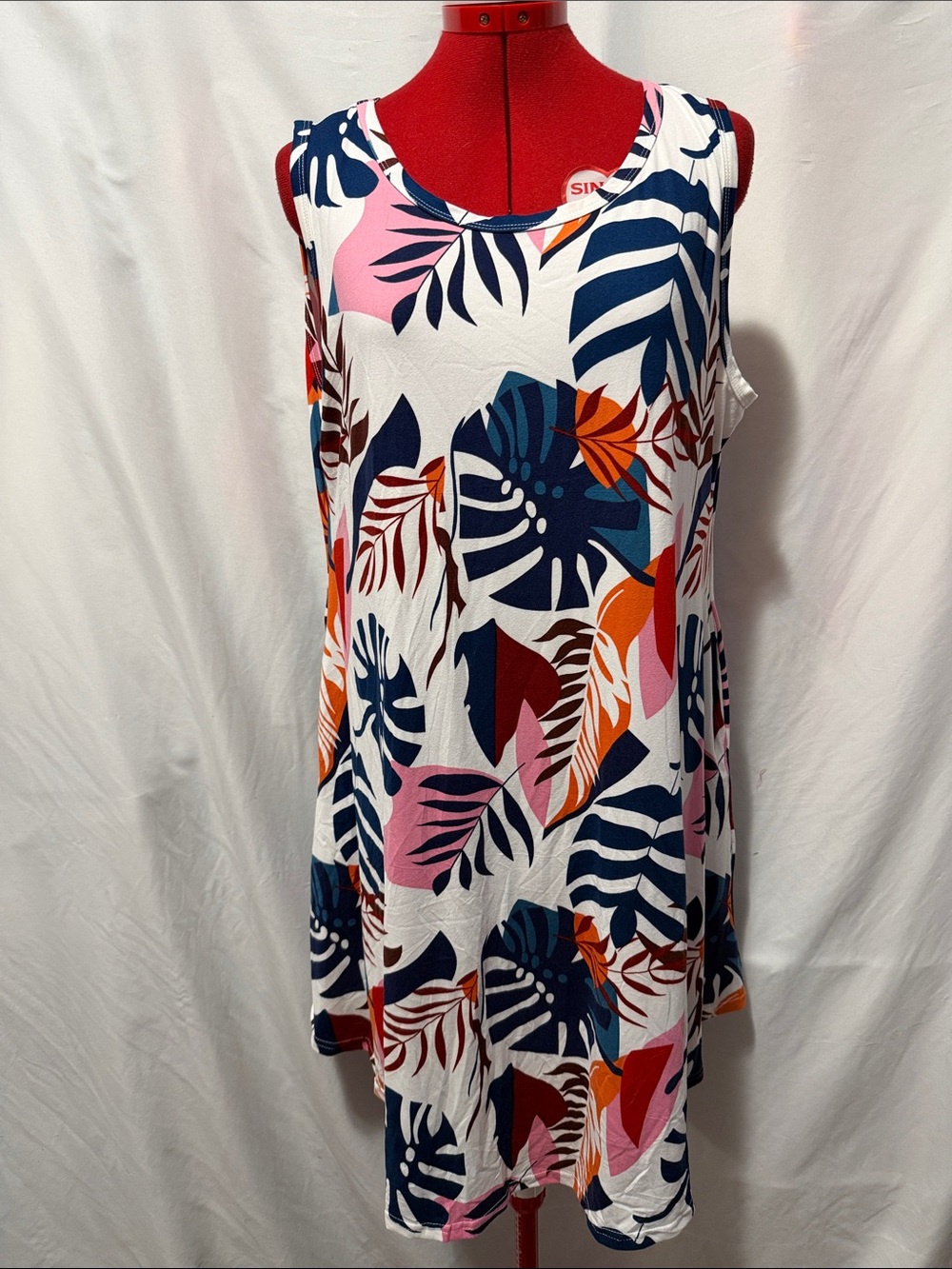 Sleeveless White Tropical Leaf Mini Dress with Navy, Pink & Orange Print